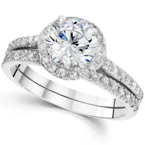 Round Diamond Halo Engagement Ring Set with 1.33 carat in 14K White Gold