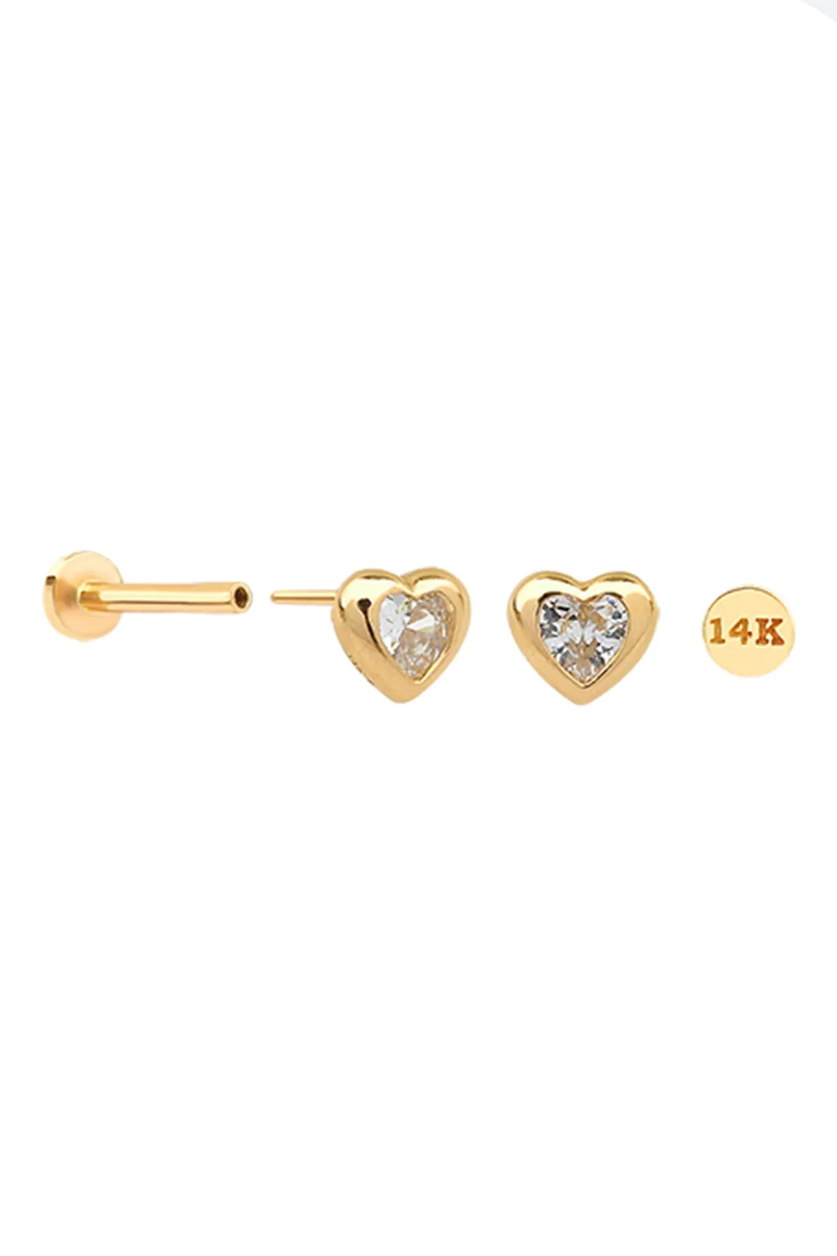 14K Real Gold CZ Heart Helix Cartilage Tragus Inner Conch Internally Threaded Flat Back Earring Labret