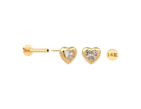 14K Real Gold CZ Heart Helix Cartilage Tragus Inner Conch Internally Threaded Flat Back Earring Labret