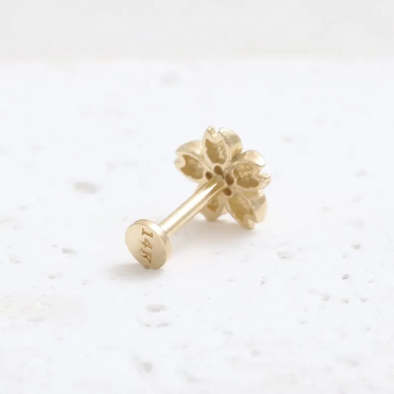 14K Real Gold CZ or Moissanite Genuine Diamond Cherry Blossom Helix Cartilage Tragus Inner Conch Internally Threaded Flat Back E