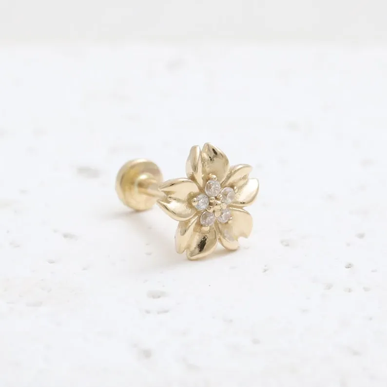 14K Real Gold CZ or Moissanite Genuine Diamond Cherry Blossom Helix Cartilage Tragus Inner Conch Internally Threaded Flat Back E