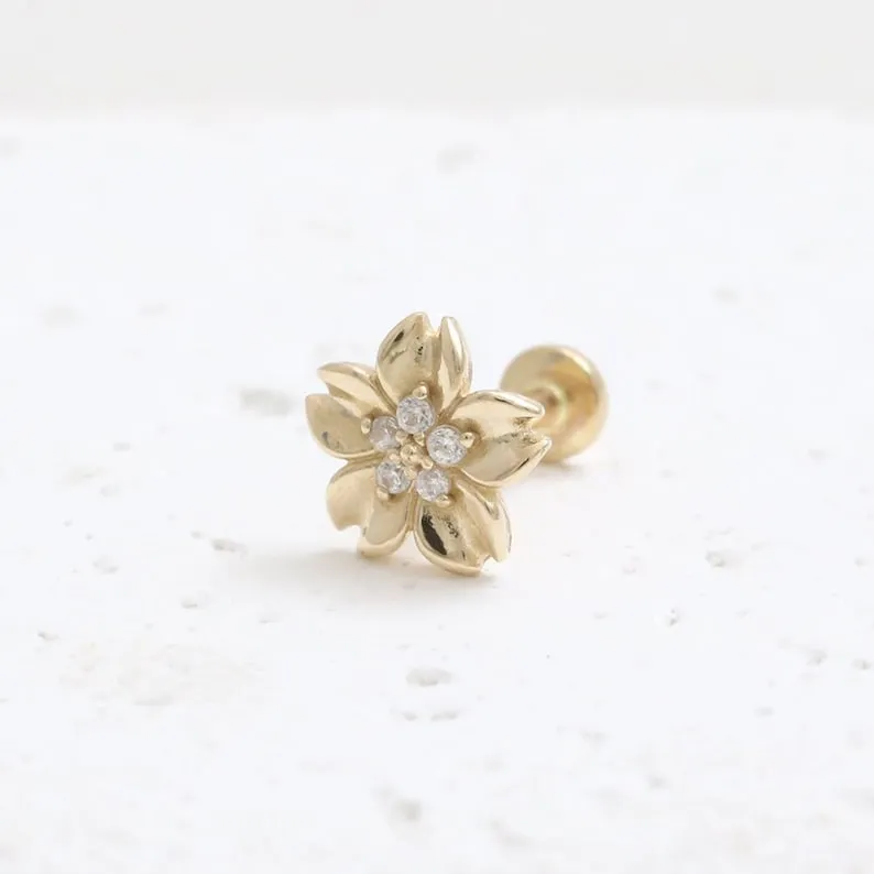 14K Real Gold CZ or Moissanite Genuine Diamond Cherry Blossom Helix Cartilage Tragus Inner Conch Internally Threaded Flat Back E