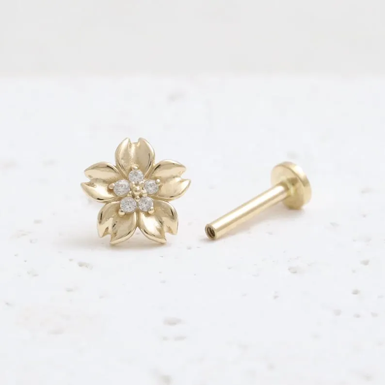 14K Real Gold CZ or Moissanite Genuine Diamond Cherry Blossom Helix Cartilage Tragus Inner Conch Internally Threaded Flat Back E