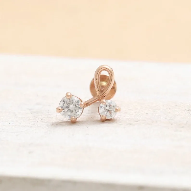 14K Real Gold CZ or Moissanite Genuine Diamond Cherry Helix Cartilage Tragus Inner Conch Internally Threaded Flat Back Earring L