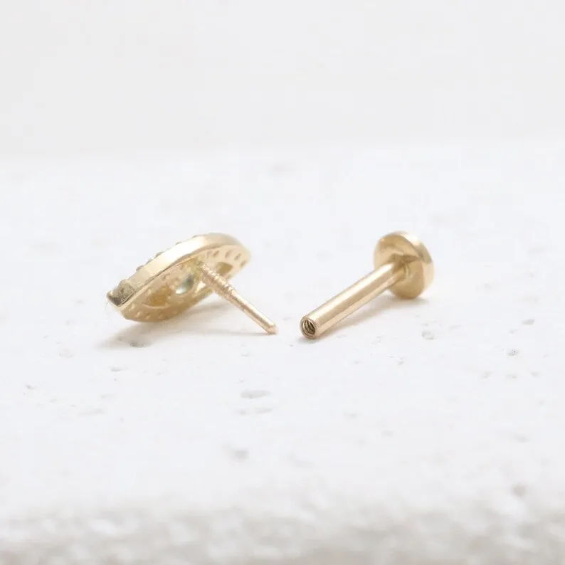 14K Real Gold CZ or Moissanite Genuine Diamond Evil Eye Helix Cartilage Tragus Inner Conch Internally Threaded Flat Back Earring