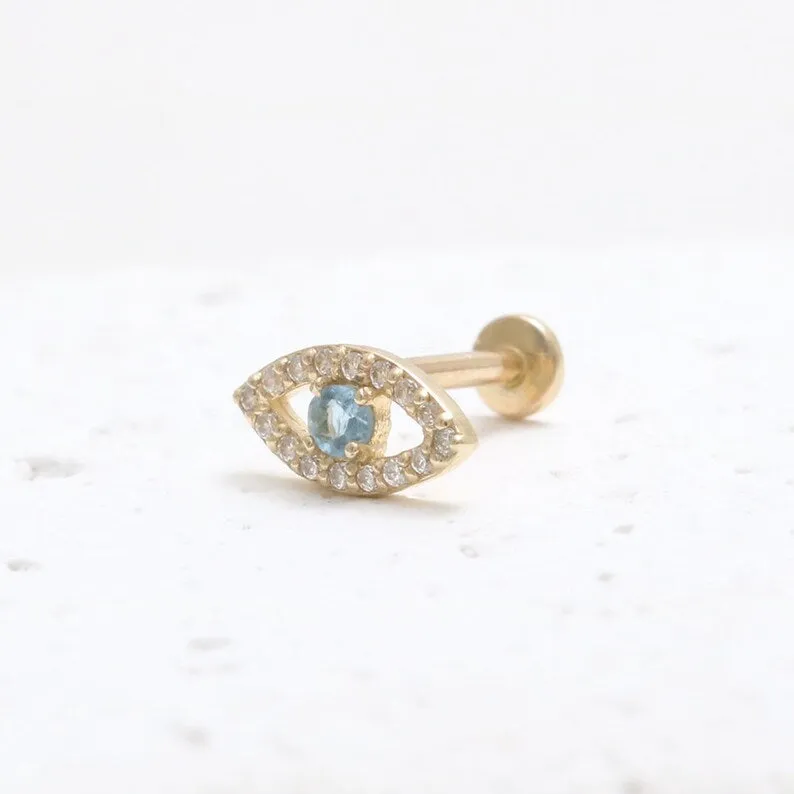 14K Real Gold CZ or Moissanite Genuine Diamond Evil Eye Helix Cartilage Tragus Inner Conch Internally Threaded Flat Back Earring