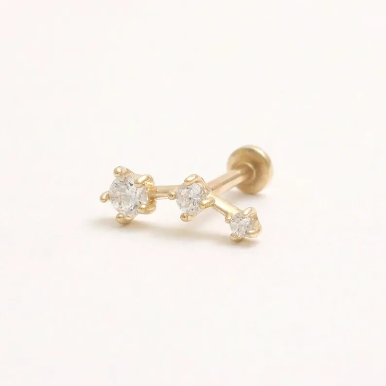 14K Real Gold CZ or Moissanite Genuine Diamond Tiny Prongs Curved Helix Cartilage Tragus Inner Conch Internally Threaded Flat Ba