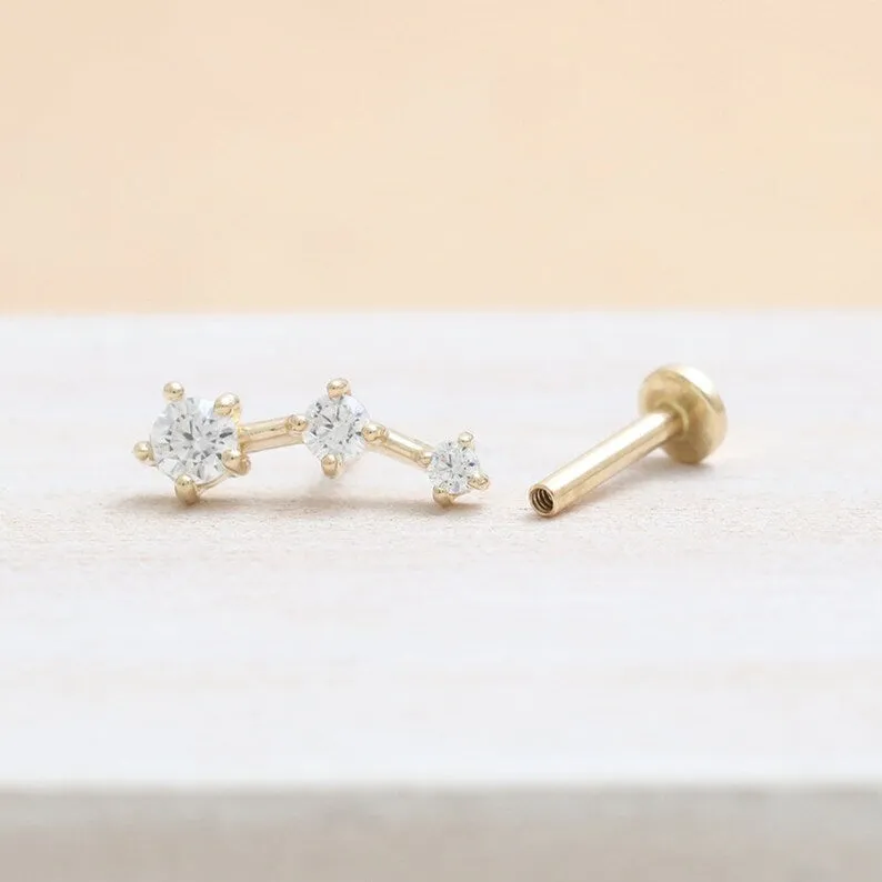 14K Real Gold CZ or Moissanite Genuine Diamond Tiny Prongs Curved Helix Cartilage Tragus Inner Conch Internally Threaded Flat Ba