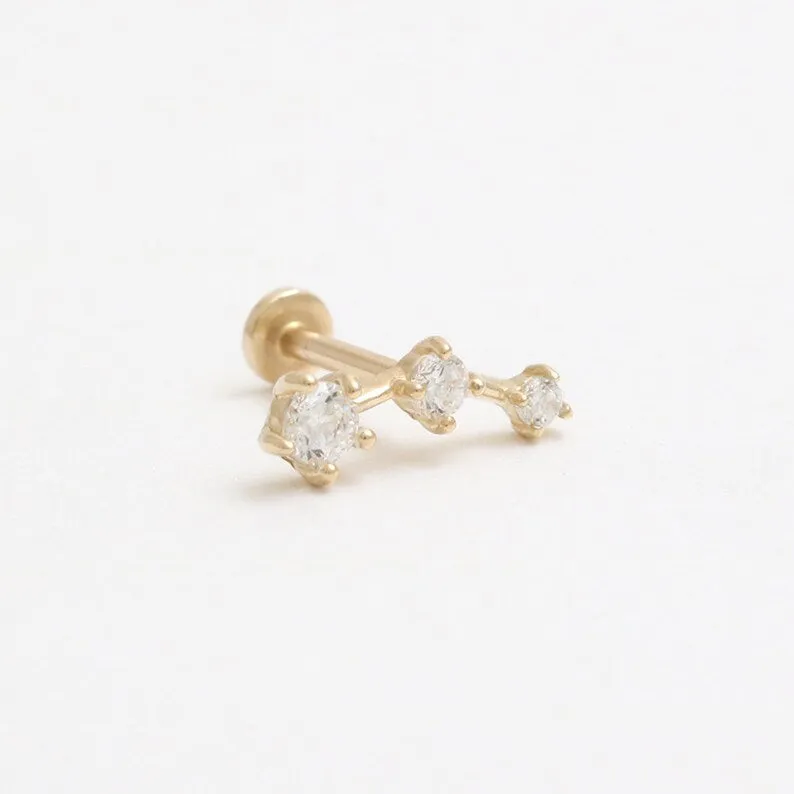 14K Real Gold CZ or Moissanite Genuine Diamond Tiny Prongs Curved Helix Cartilage Tragus Inner Conch Internally Threaded Flat Ba