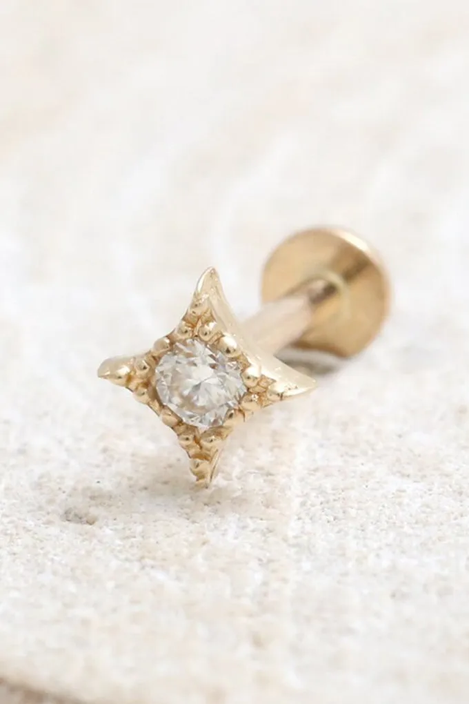 14K Real Gold CZ or Moissanite Genuine Diamond Tiny Rhombus Helix Cartilage Tragus Inner Conch Internally Threaded Flat Back Ear