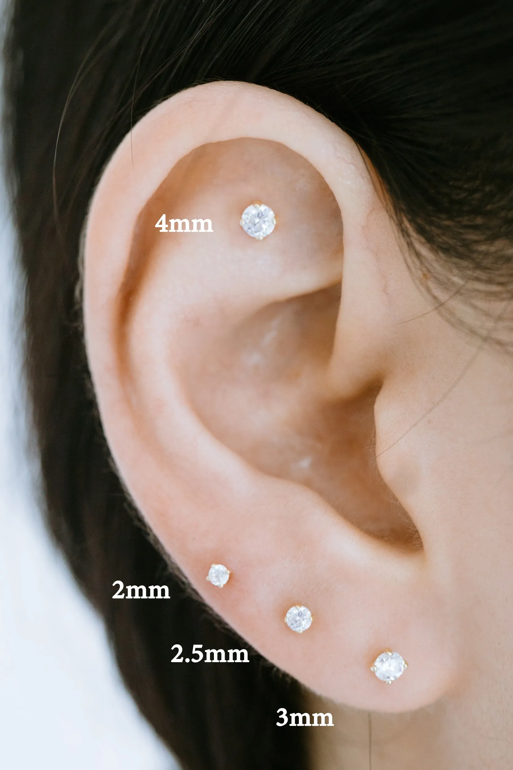 16g 14K Real Gold Tragus Cartilage Inner Conch Helix Internally threaded 3mm Cz Flat Back Earring 6.5mm Labret