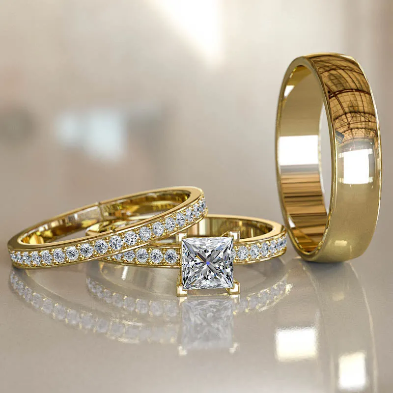 1ct Princess Cut Diamond Gold Trio Wedding Set - 02US33A