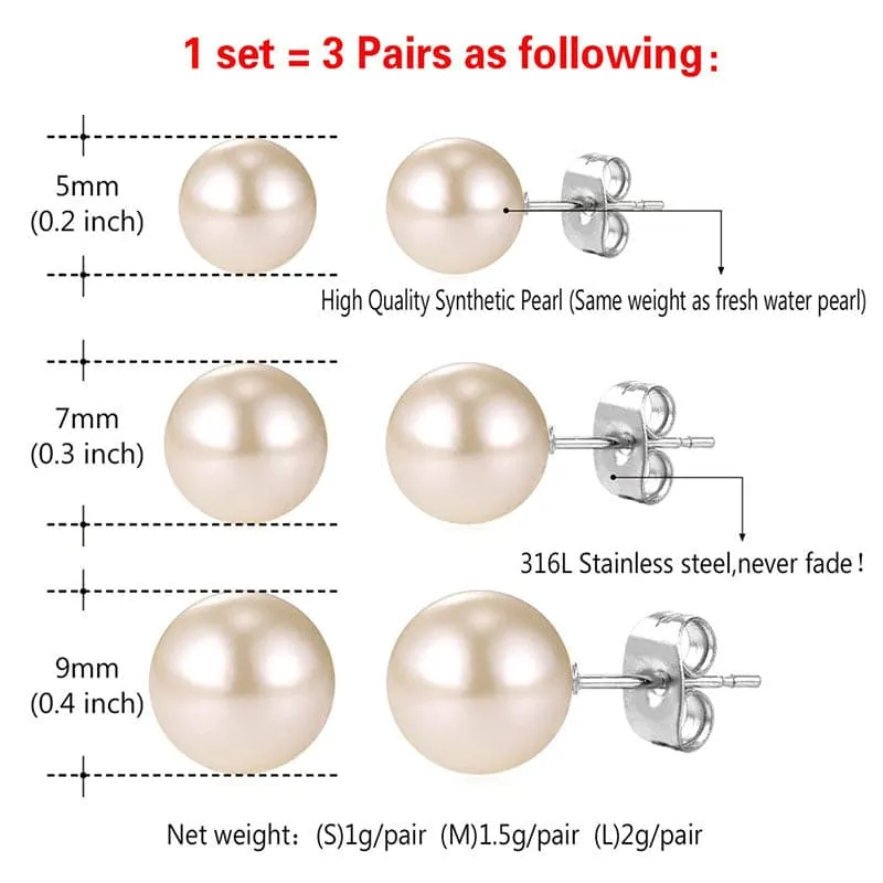 3 Pairs Pearl Stud Earrings Set Surgical Stainless Steel Ear Pin