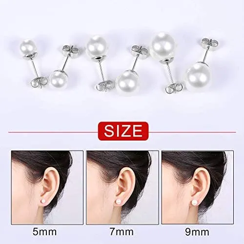 3 Pairs Pearl Stud Earrings Set Surgical Stainless Steel Ear Pin