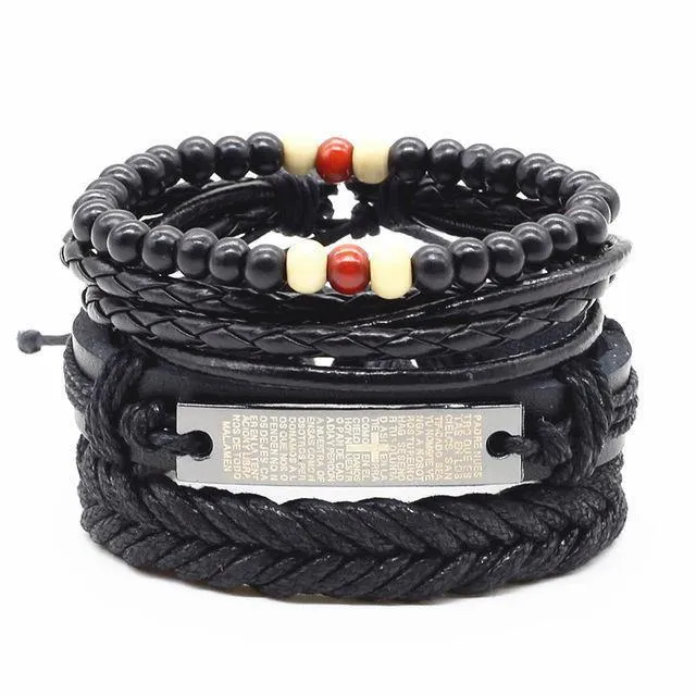 Four-in-One Bead Leather Bracelet Set