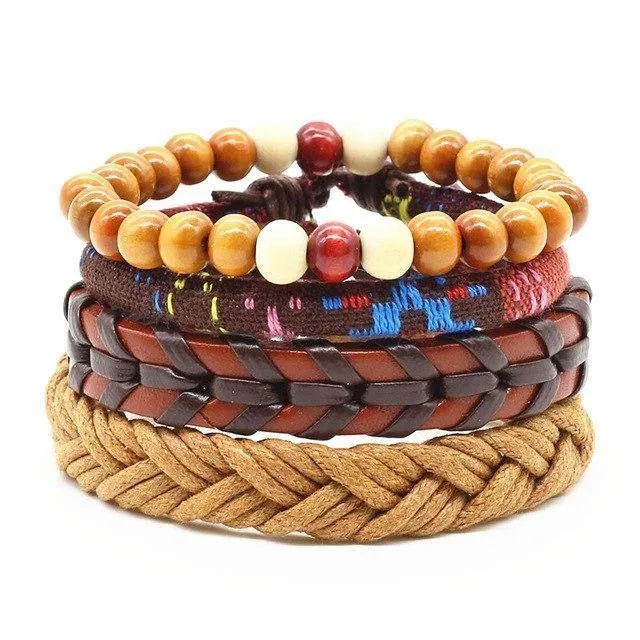 Four-in-One Bead Leather Bracelet Set