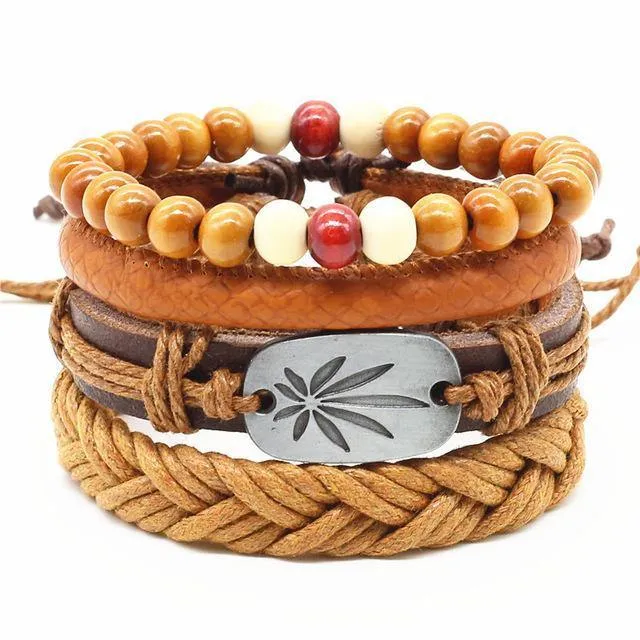 Four-in-One Bead Leather Bracelet Set