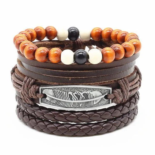 Four-in-One Bead Leather Bracelet Set