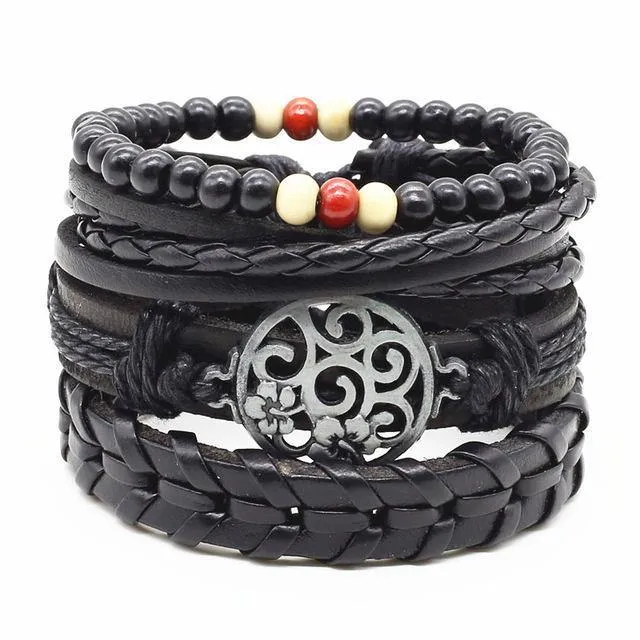 Four-in-One Bead Leather Bracelet Set