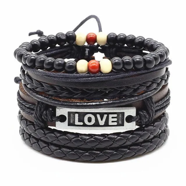 Four-in-One Bead Leather Bracelet Set