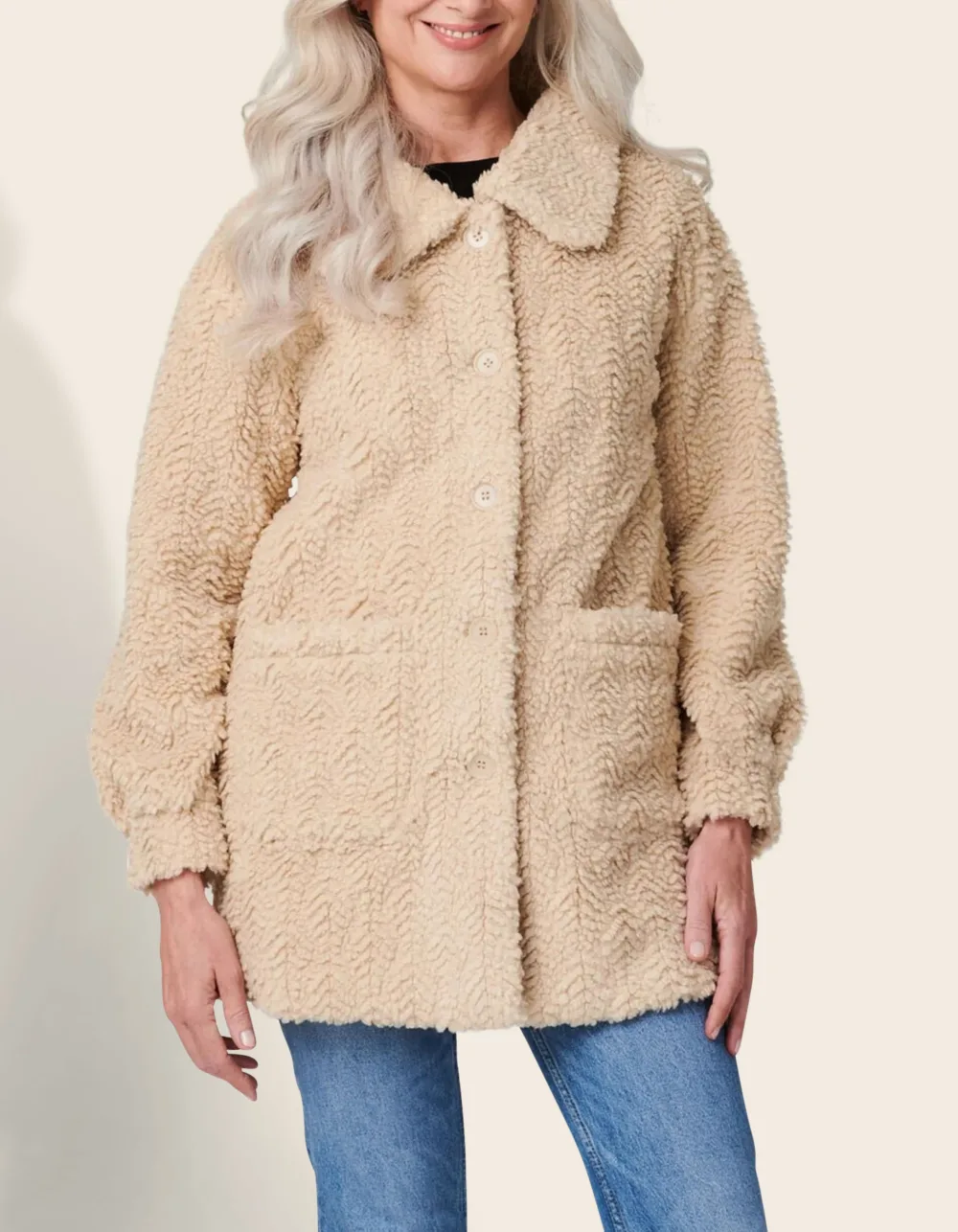 Textured Teddy Motif Beige Coat