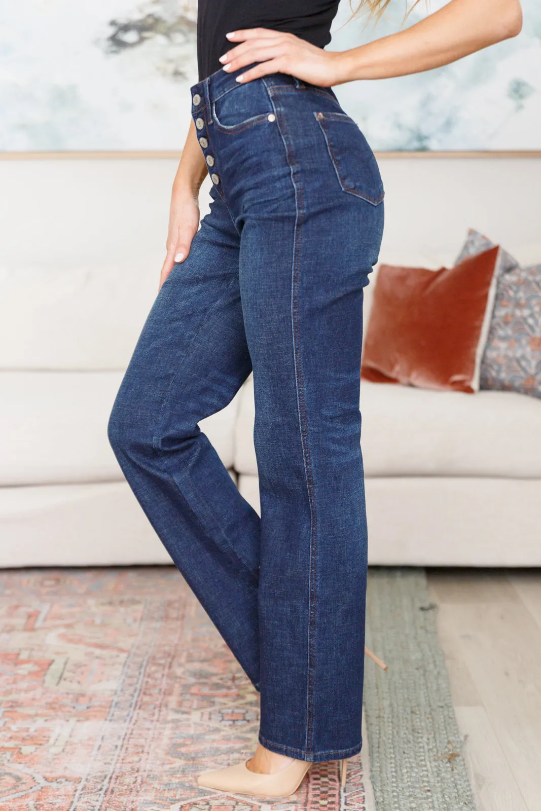 High Rise Button-Fly Straight Jeans