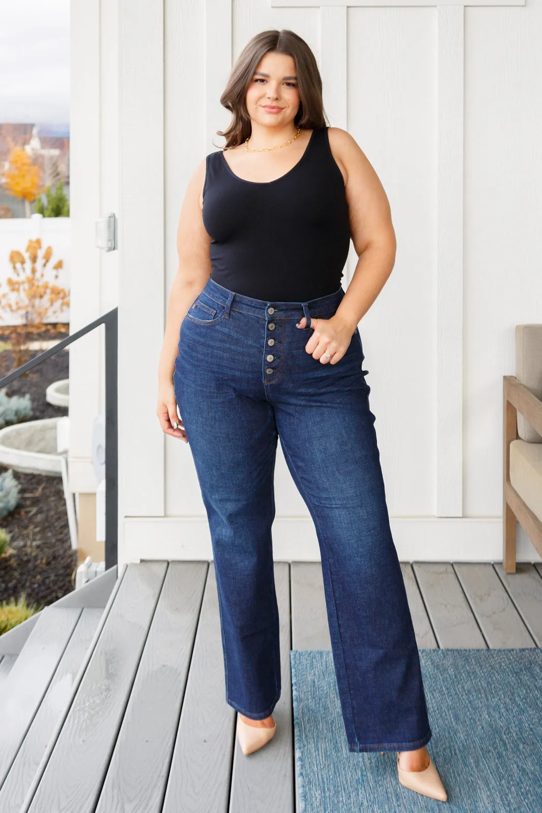 High Rise Button-Fly Straight Jeans