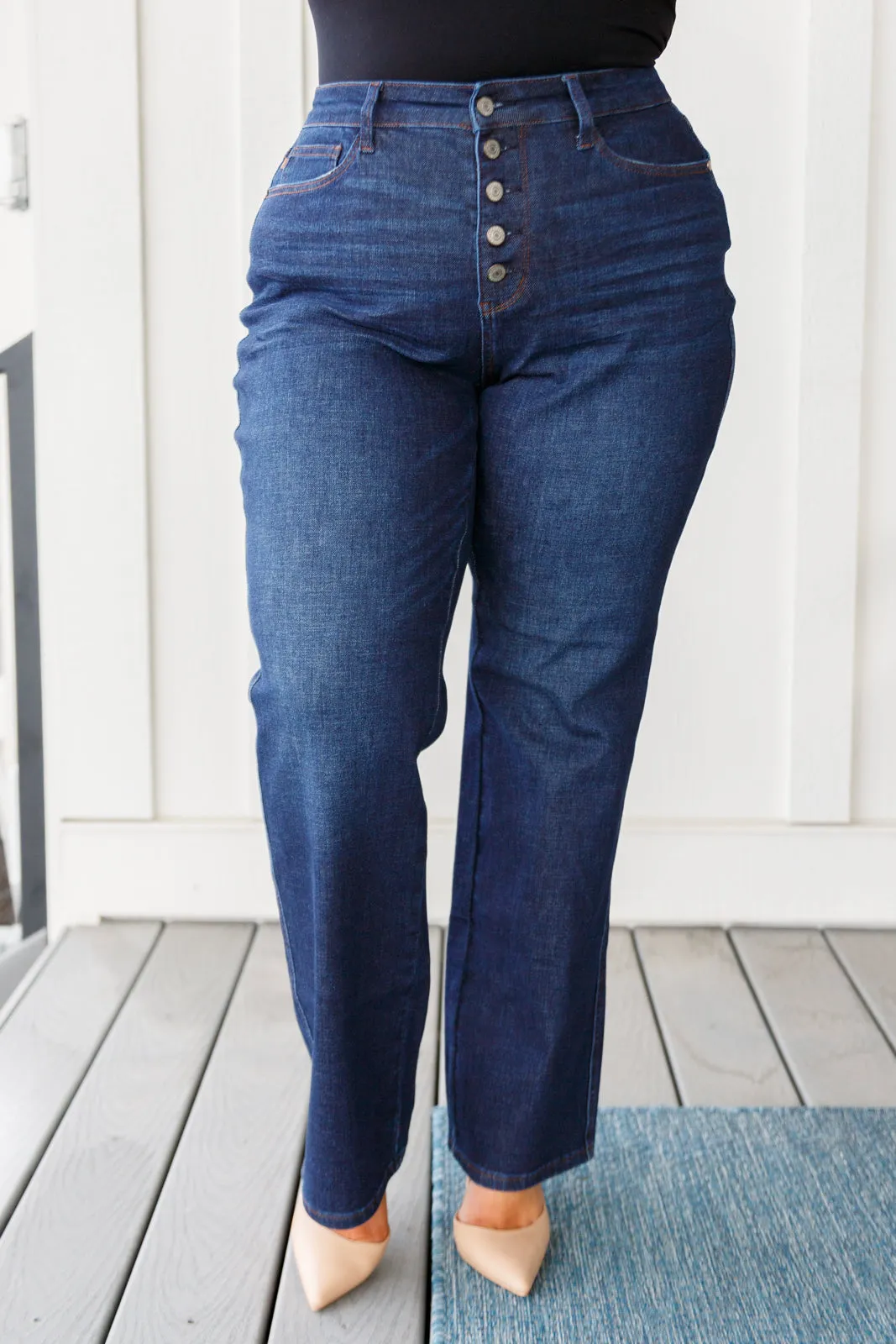 High Rise Button-Fly Straight Jeans