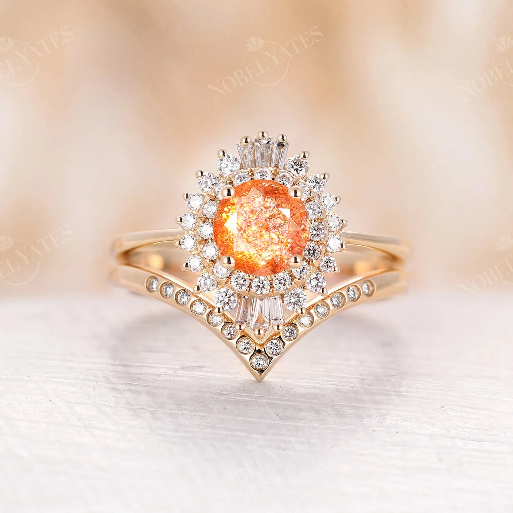 Art Deco Round African Sunstone Halo Engagement Ring Set Yellow Gold