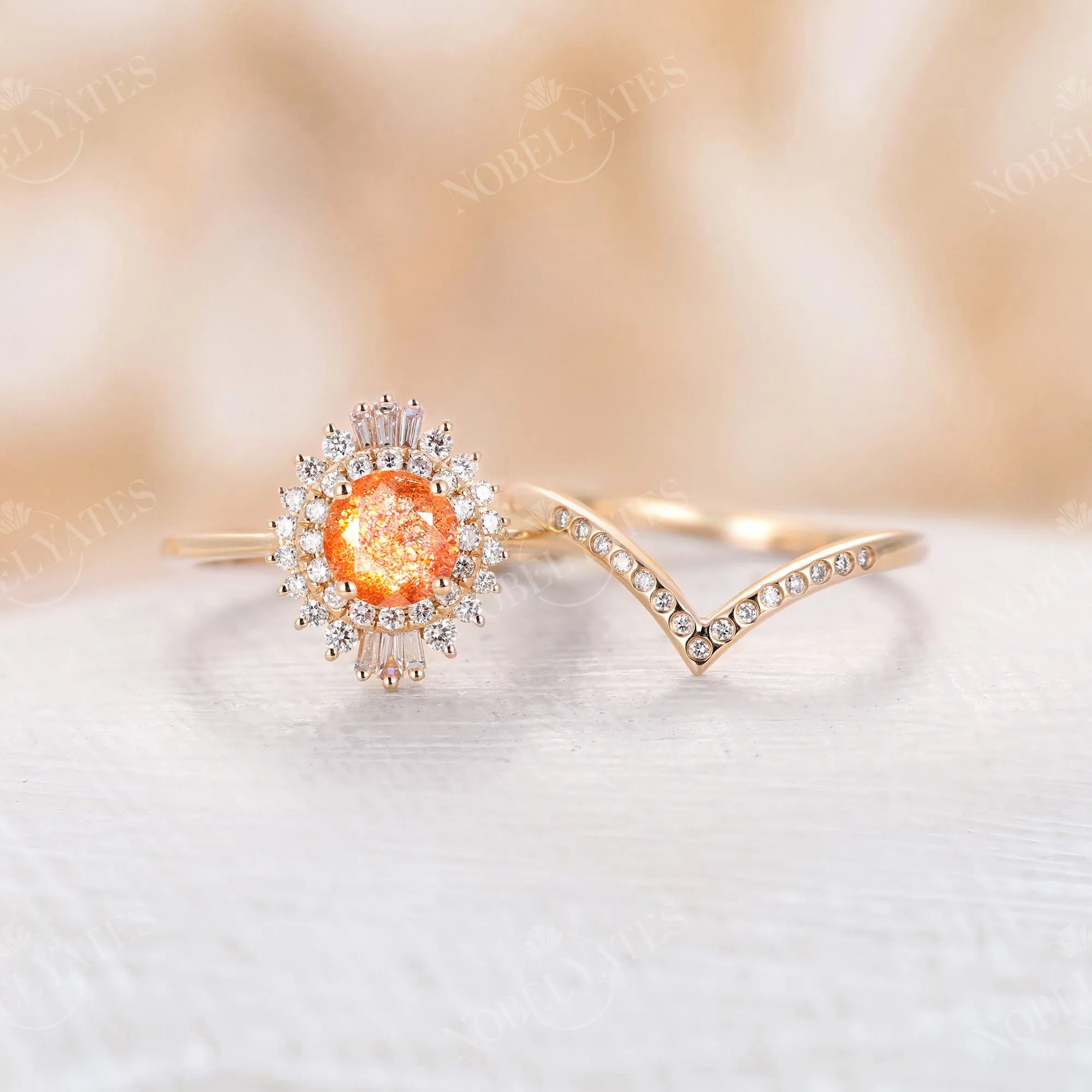 Art Deco Round African Sunstone Halo Engagement Ring Set Yellow Gold