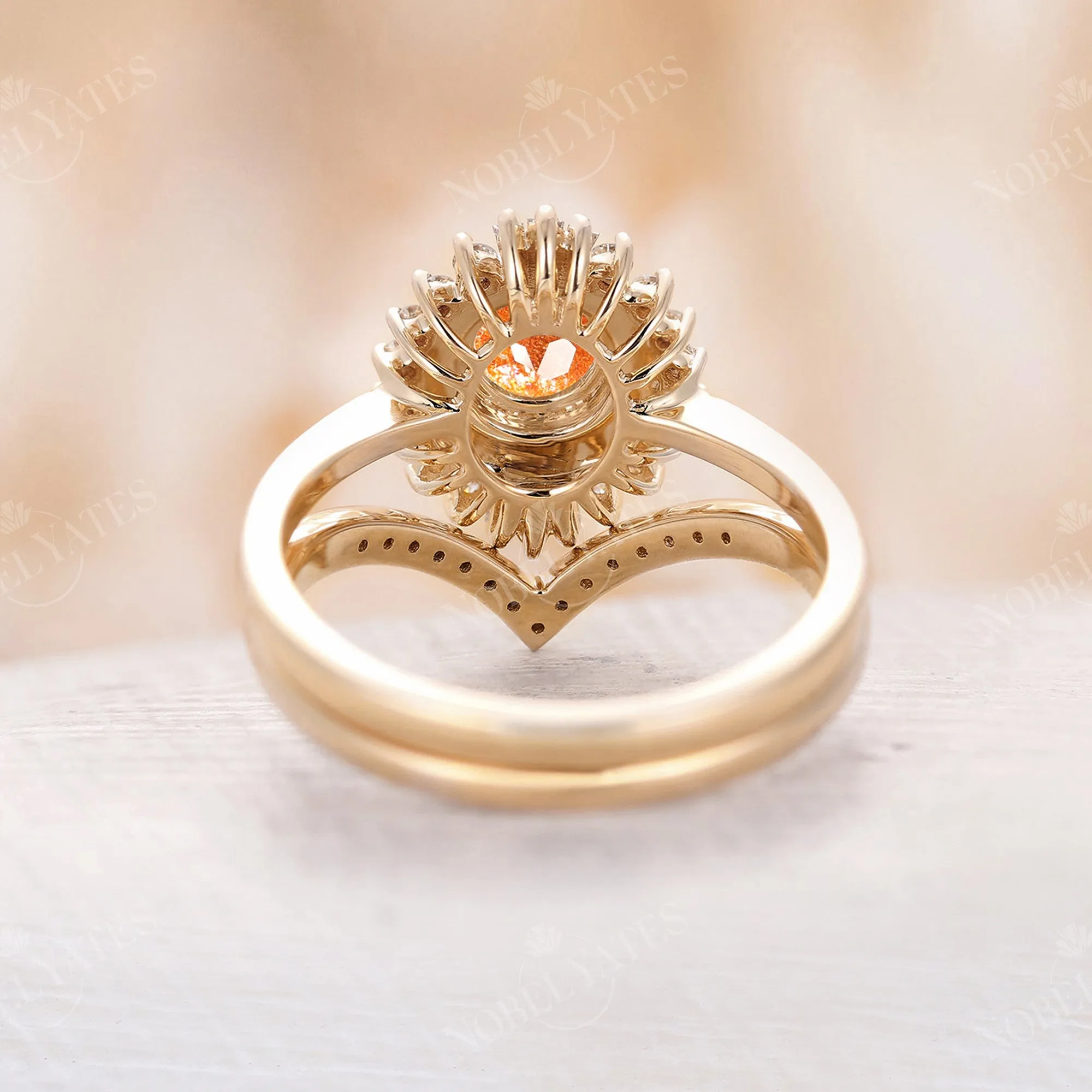 Art Deco Round African Sunstone Halo Engagement Ring Set Yellow Gold