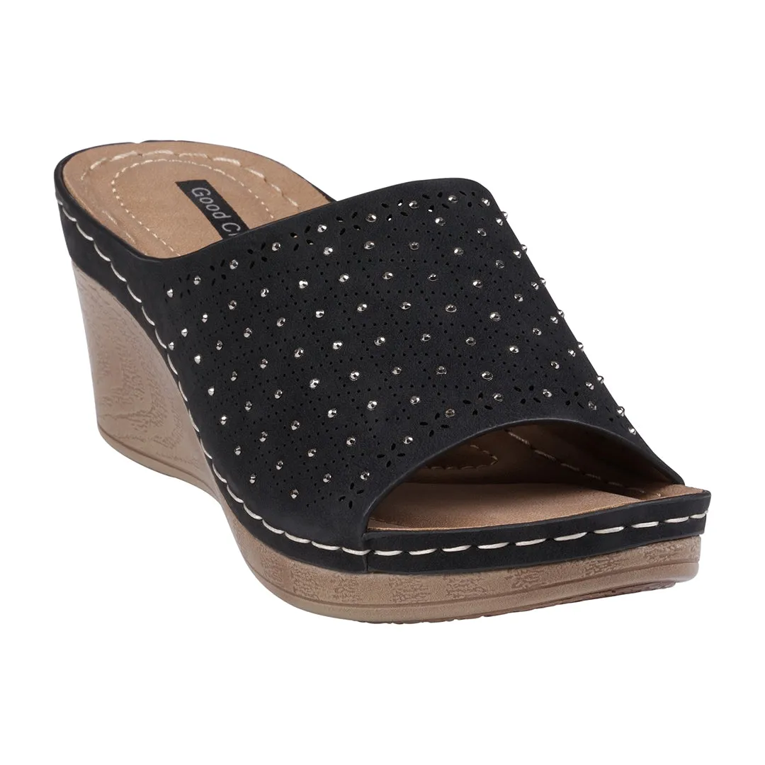 Atlanta Black Studded Slip On Comfort Wedge Sandals