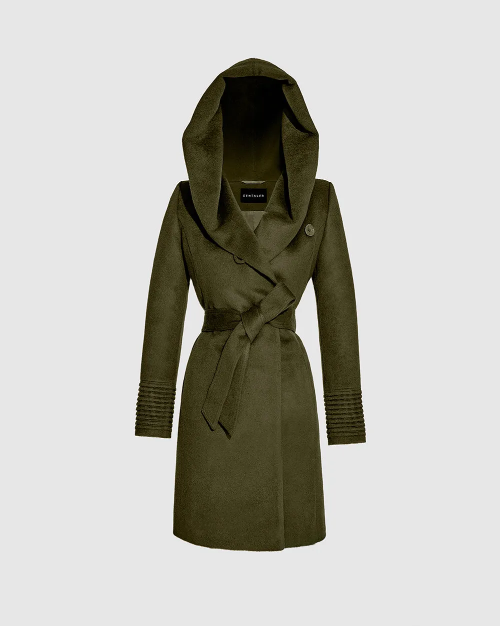 Baby Alpaca Hooded Wrap Coat in Olive Green by SENTALER.