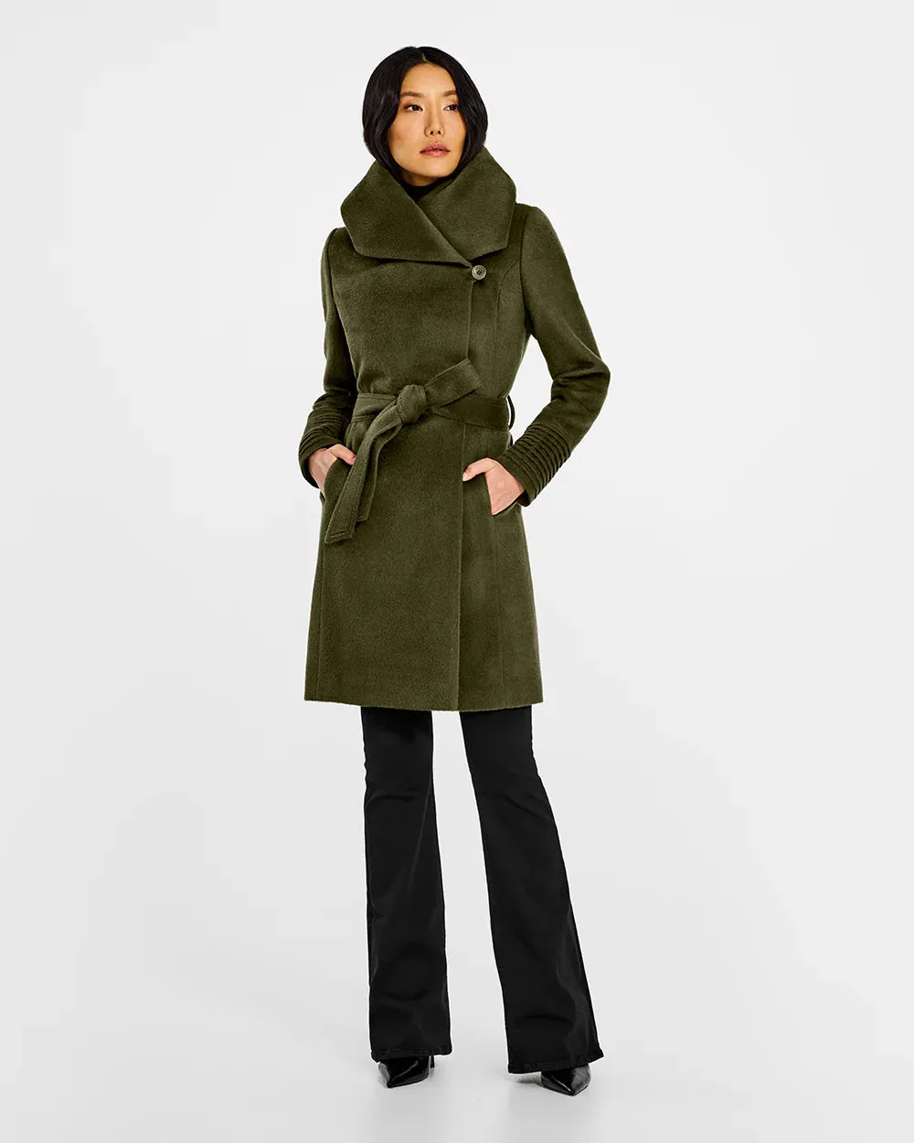 Baby Alpaca Hooded Wrap Coat in Olive Green by SENTALER.