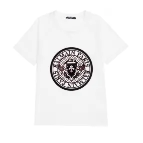 Balmain Children's White Textured Logo Tee