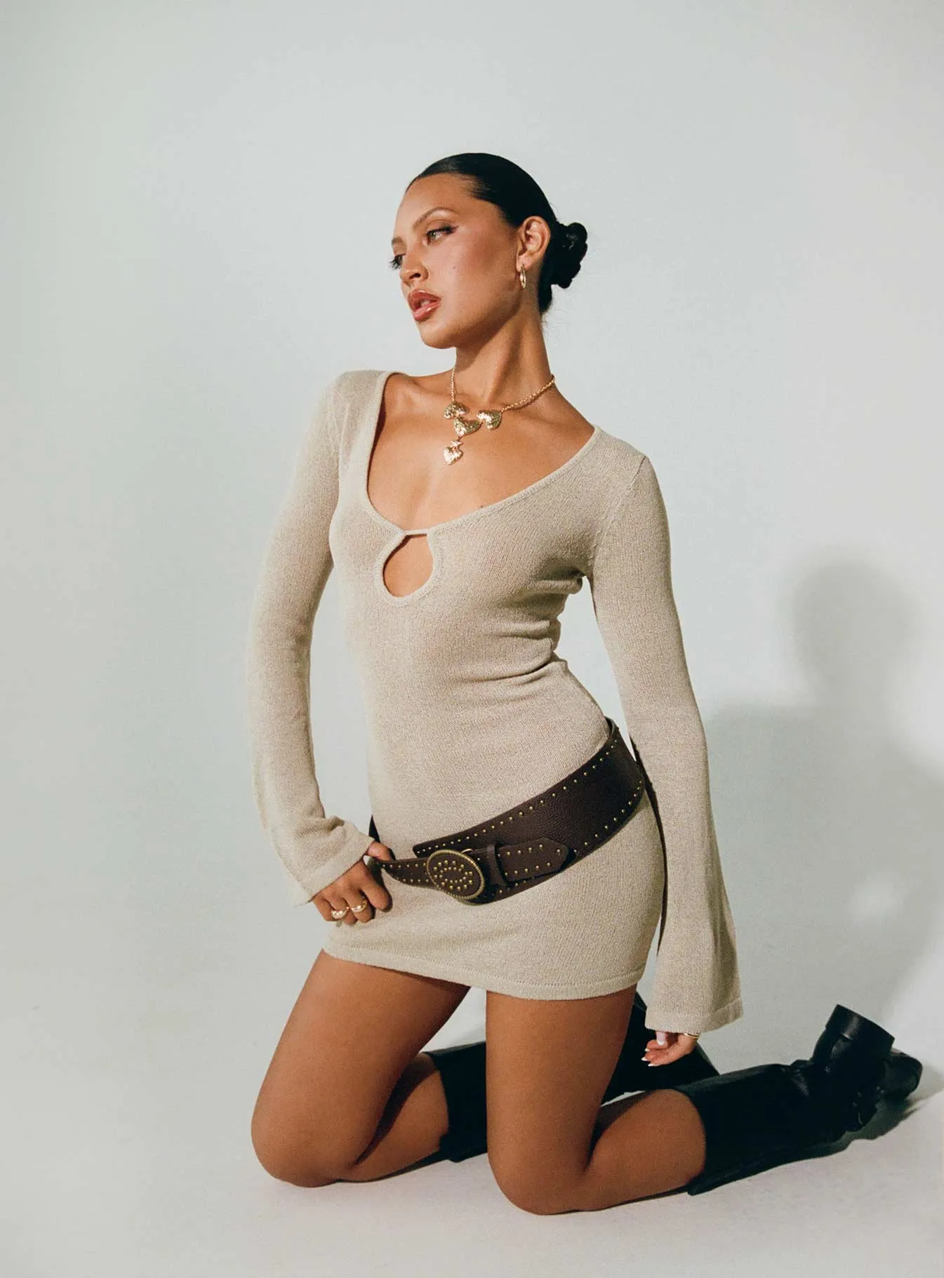 Beige Mini Dress with Long Sleeves - Balart