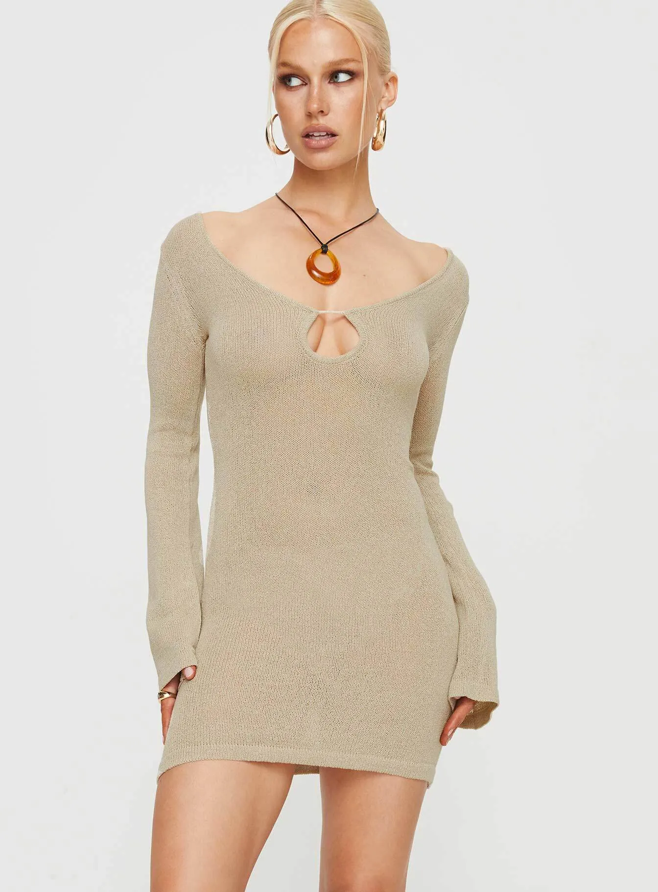 Beige Mini Dress with Long Sleeves - Balart