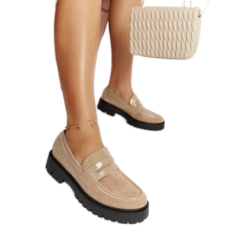 Elegant Beige Moccasins Adorned with Newport Rhinestones