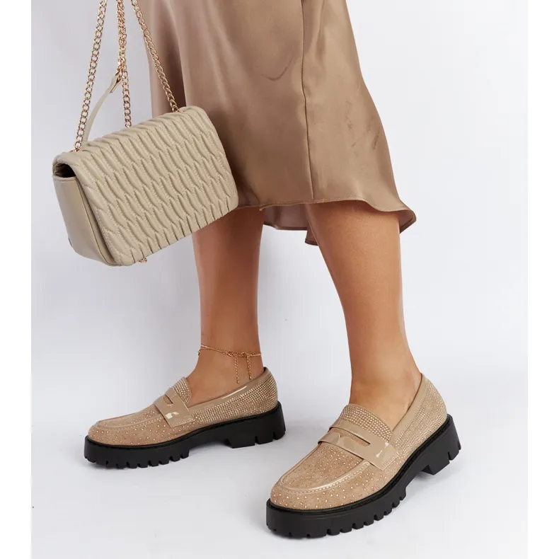 Elegant Beige Moccasins Adorned with Newport Rhinestones