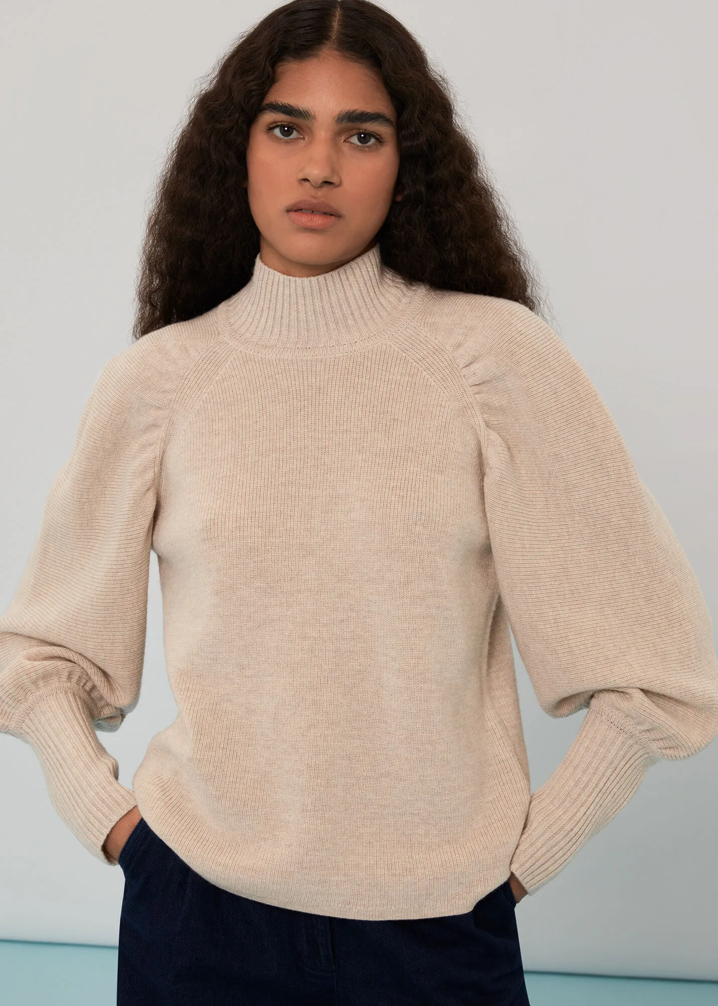 Beige Sleeve Detail Fashioned Knit