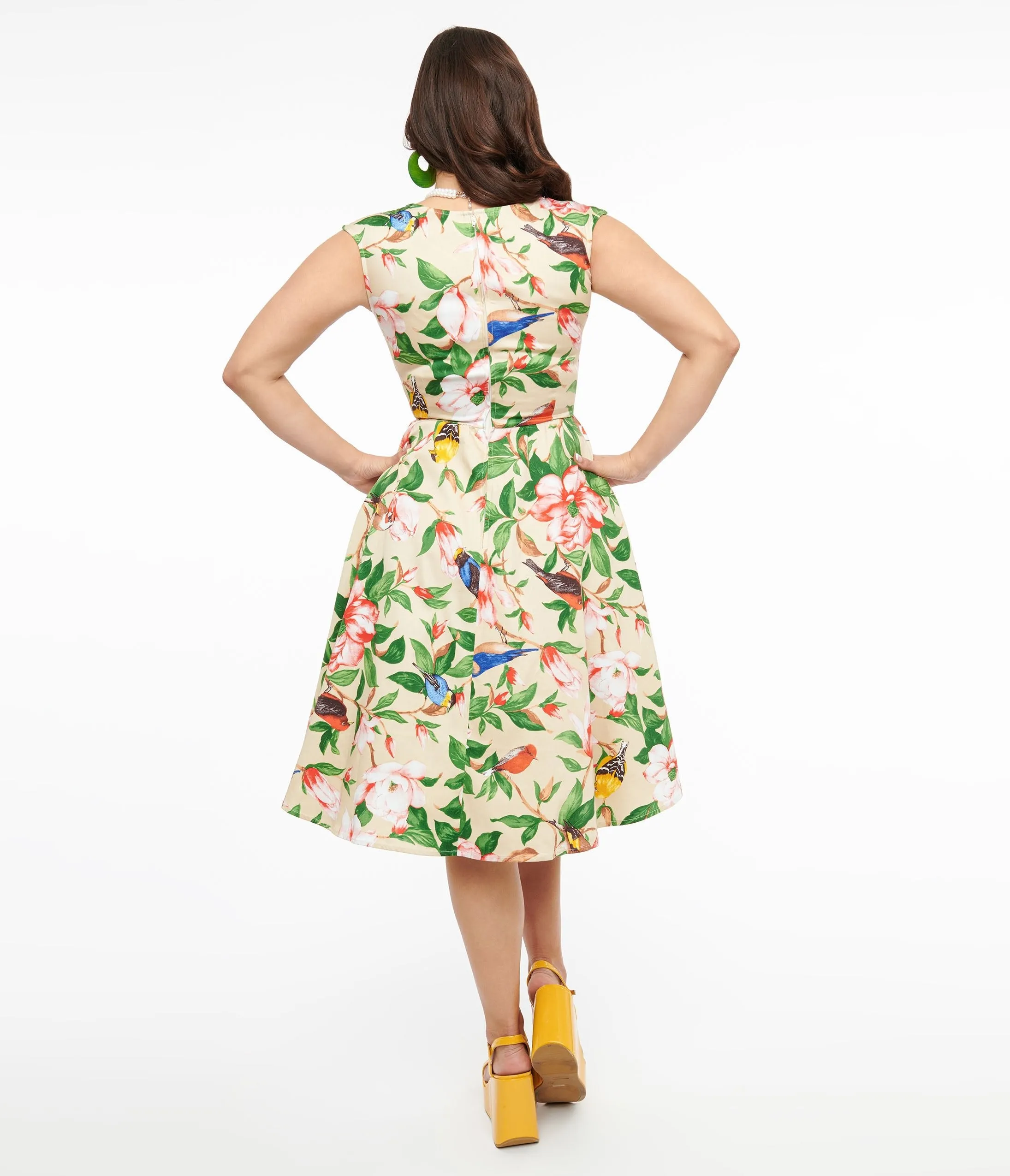 Beige Swallow Print Cotton Swing Dress from the 1950s