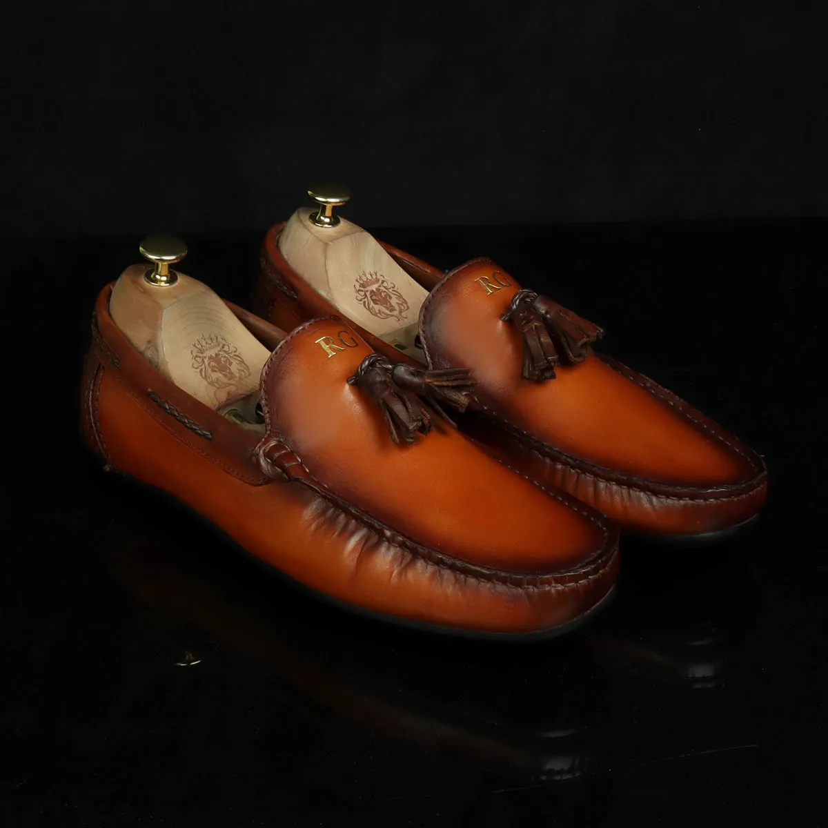 Bespoke RG Initial Men's Tan Leather Tassel Moccasins Loafers By Brune & Bareskin