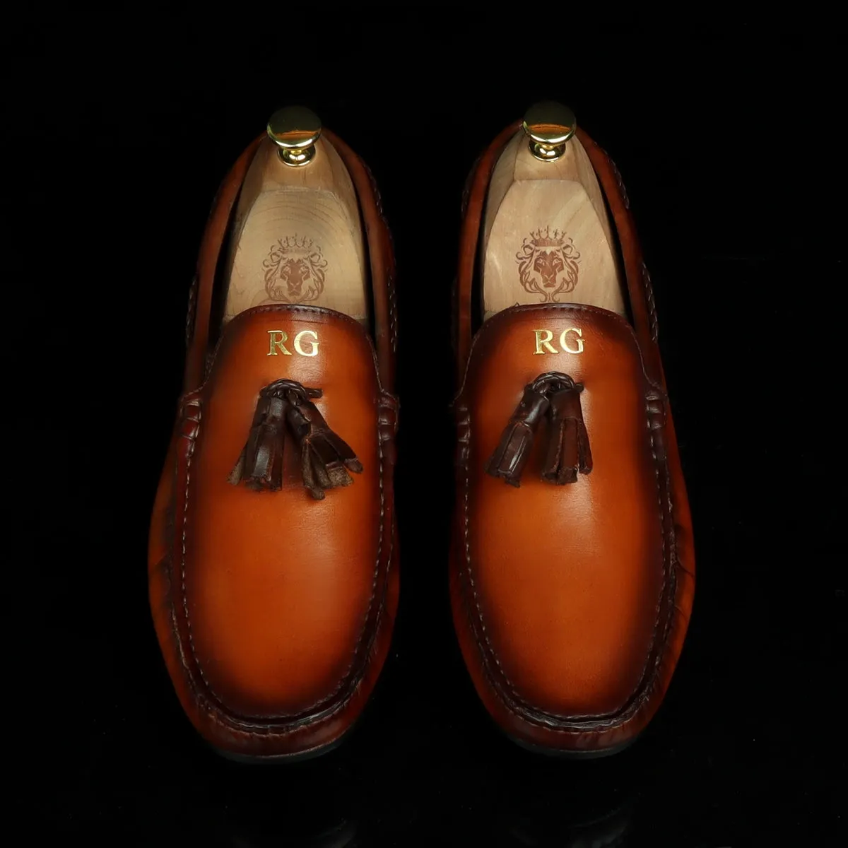 Bespoke RG Initial Men's Tan Leather Tassel Moccasins Loafers By Brune & Bareskin