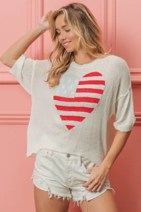 Bibi Black and White Striped Heart Pattern Sweater Top