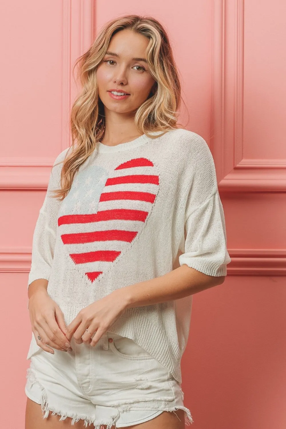 Bibi Black and White Striped Heart Pattern Sweater Top