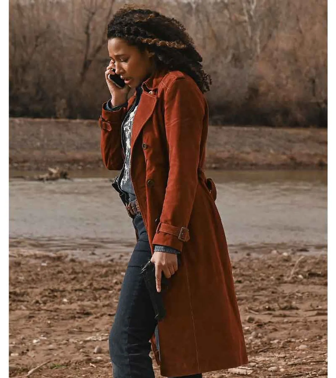 Brown Trench Coat by Kylie Bunbury in Big Sky