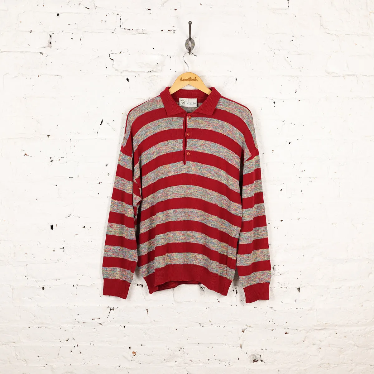 Bizzarro Striped Knit Collared Knit Jumper - Red - L