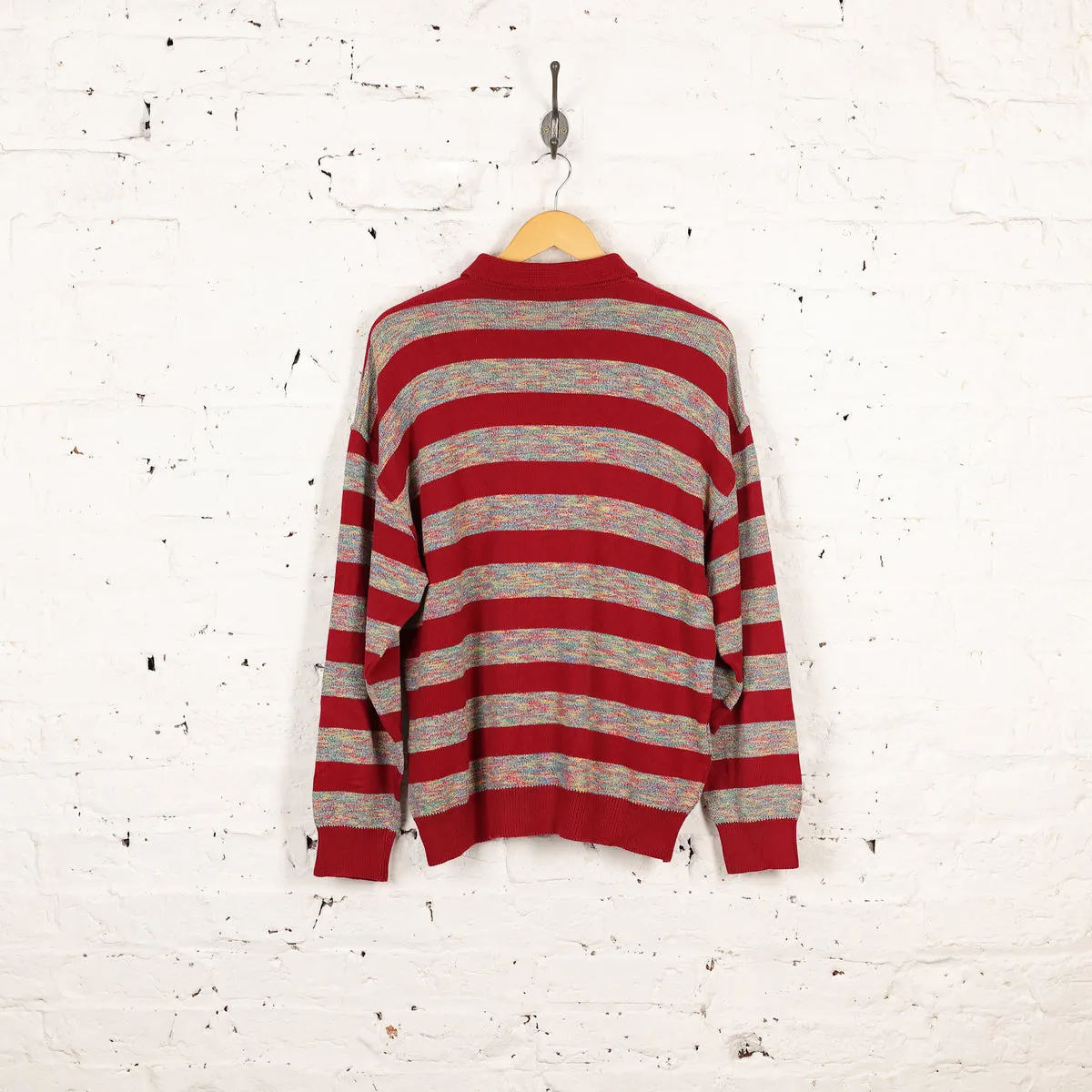 Bizzarro Striped Knit Collared Knit Jumper - Red - L