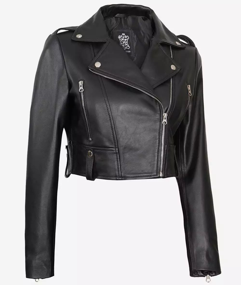 Black Asymmetrical Cropped Leather Jacket for Women