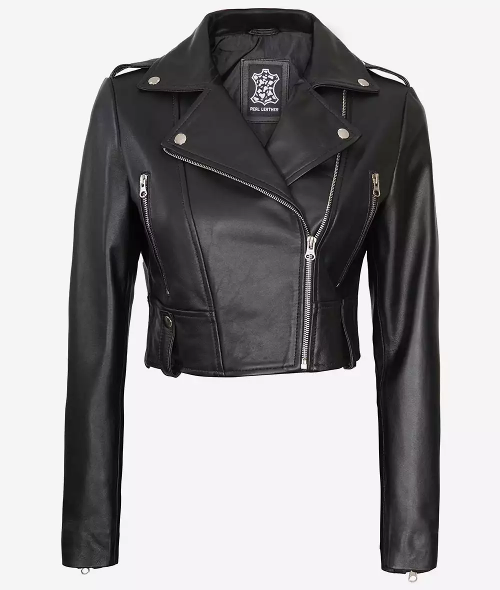 Black Asymmetrical Cropped Leather Jacket for Women